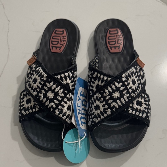 Hey Dude Shoes - Hey Dude Womens Black and White Patterned Sandals